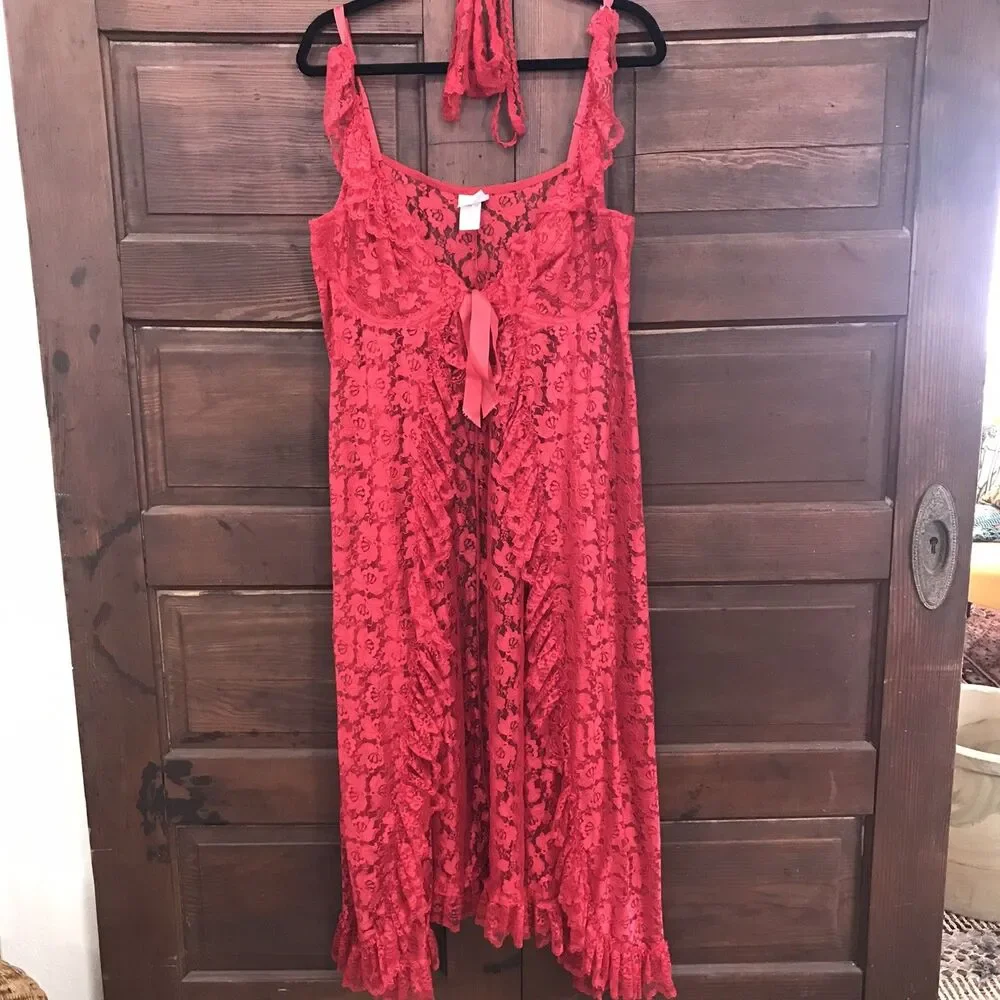 Red Lace Gown Lingerie Thong Bottoms XXL 2X Romantic Boudoir Sheer Floral